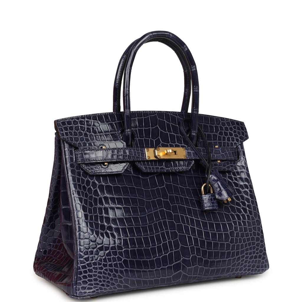 Birkin 30 Bleu Encre Shiny Porosus Crocodile Gold Hardware Bag