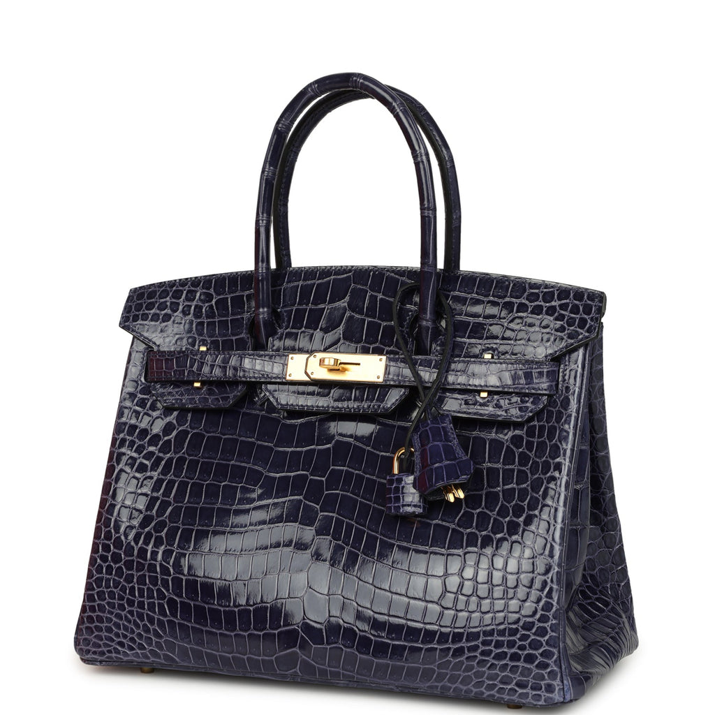 Birkin 30 Bleu Encre Shiny Porosus Crocodile Gold Hardware Bag
