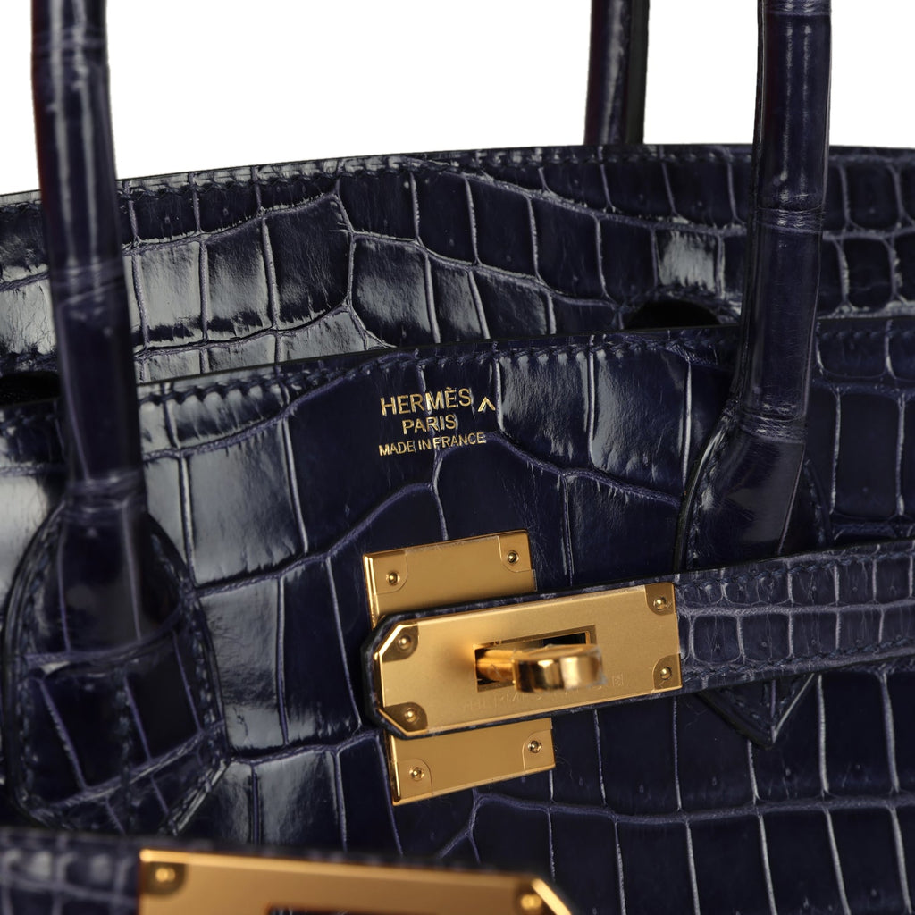 Birkin 30 Bleu Encre Shiny Porosus Crocodile Gold Hardware Bag