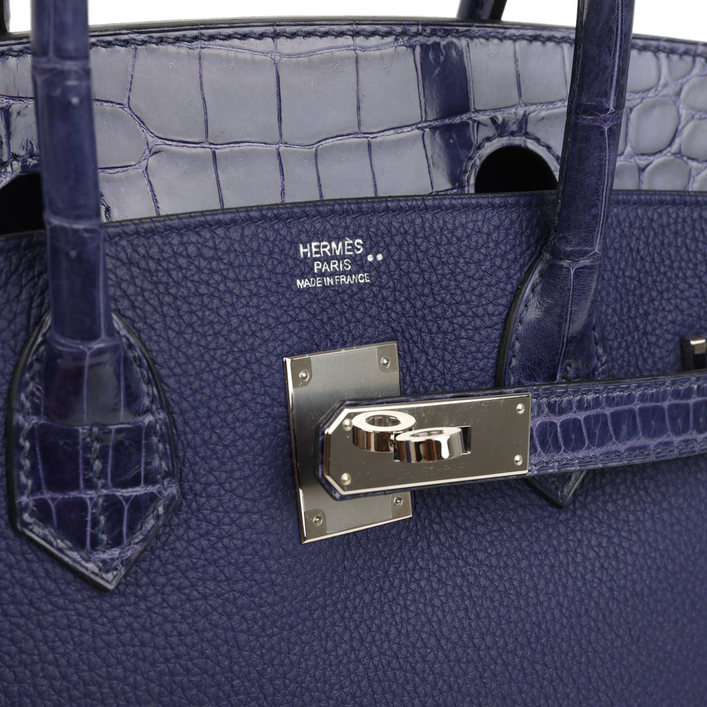 Birkin 30 Bleu Encre Togo and Shiny Niloticus Crocodile Touch Palladium Hardware Bag