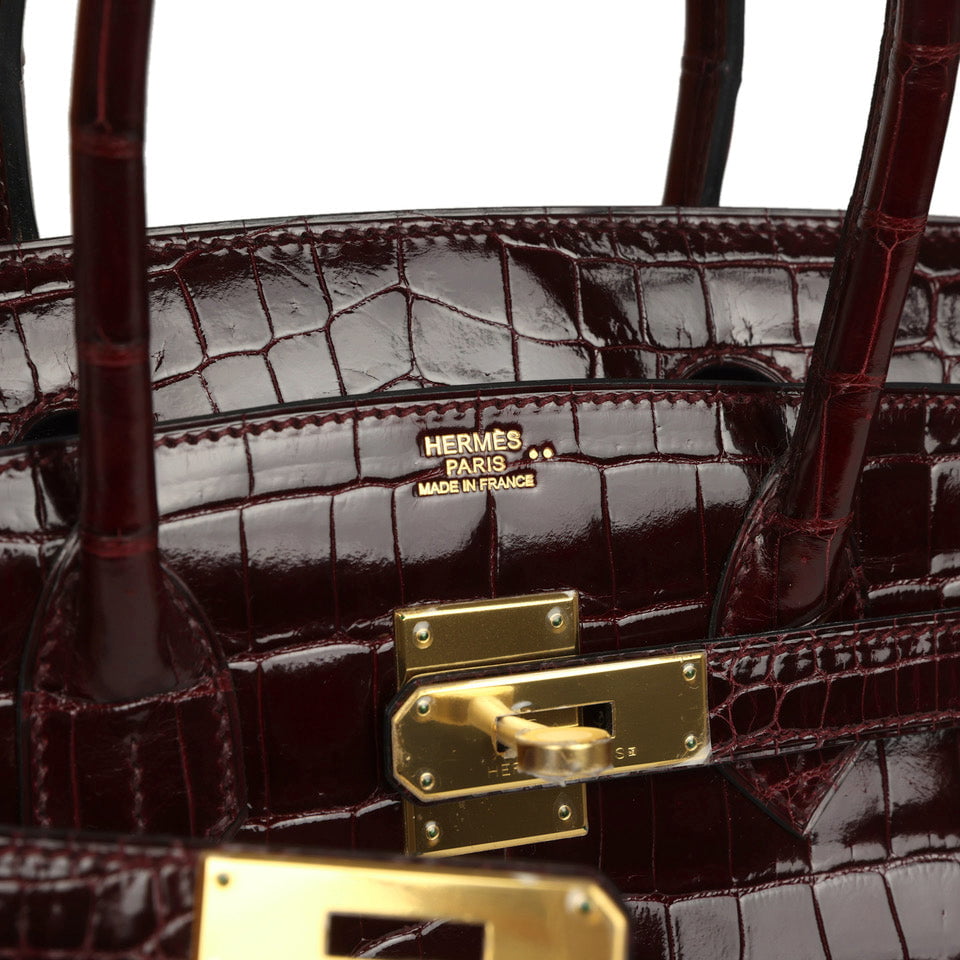 Birkin 30 Bordeaux Shiny Niloticus Crocodile Gold Hardware Bag