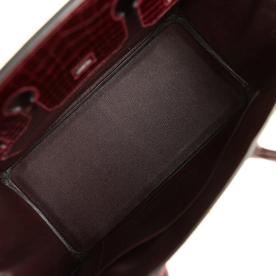 Birkin 30 Bordeaux Shiny Niloticus Crocodile Gold Hardware Bag