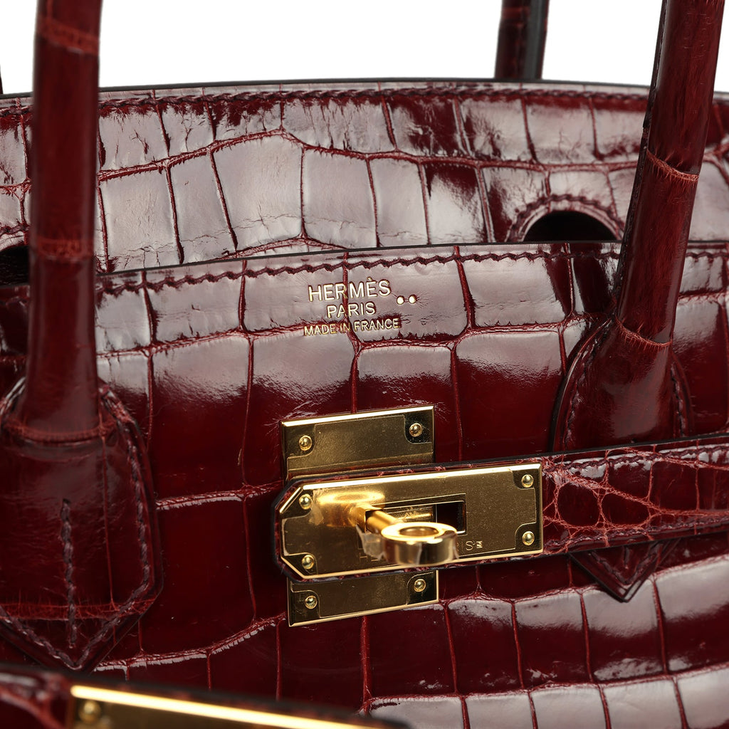 Birkin 30 Bourgogne Shiny Niloticus Crocodile Gold Hardware Bag