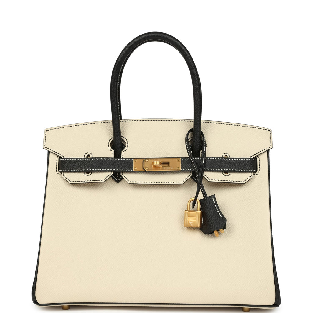 Birkin 30 Craie and Black Epsom Brushed Gold Hardware Bag