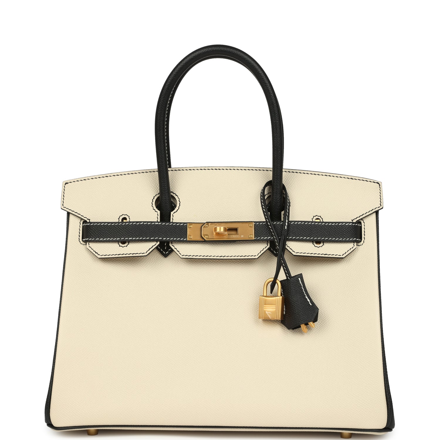 Birkin 30 Craie and Black Epsom Brushed Gold Hardware Bag
