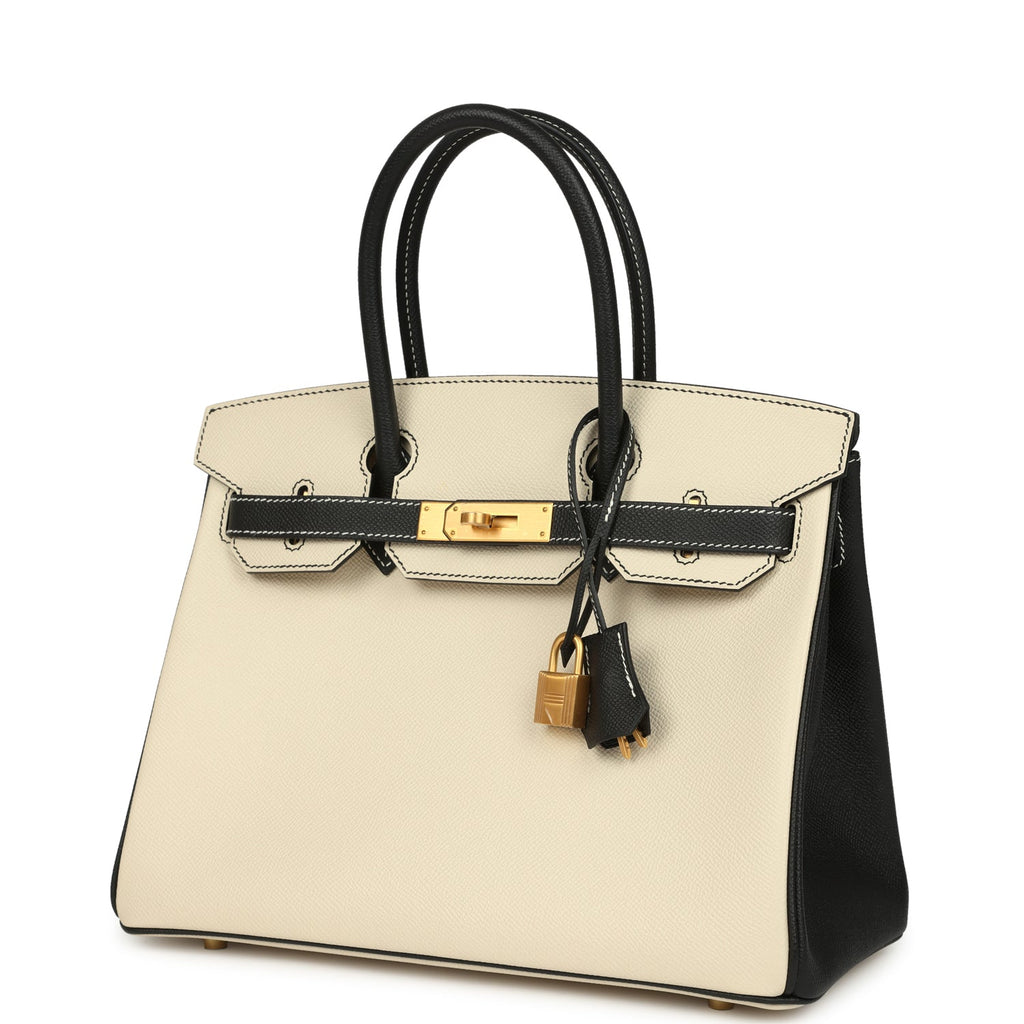 Birkin 30 Craie and Black Epsom Brushed Gold Hardware Bag
