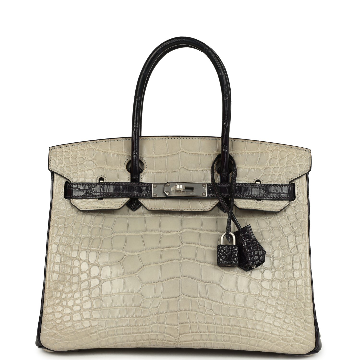 Birkin 30 Gris Perle and Prunoir Matte Alligator Brushed Palladium Hardware Bag