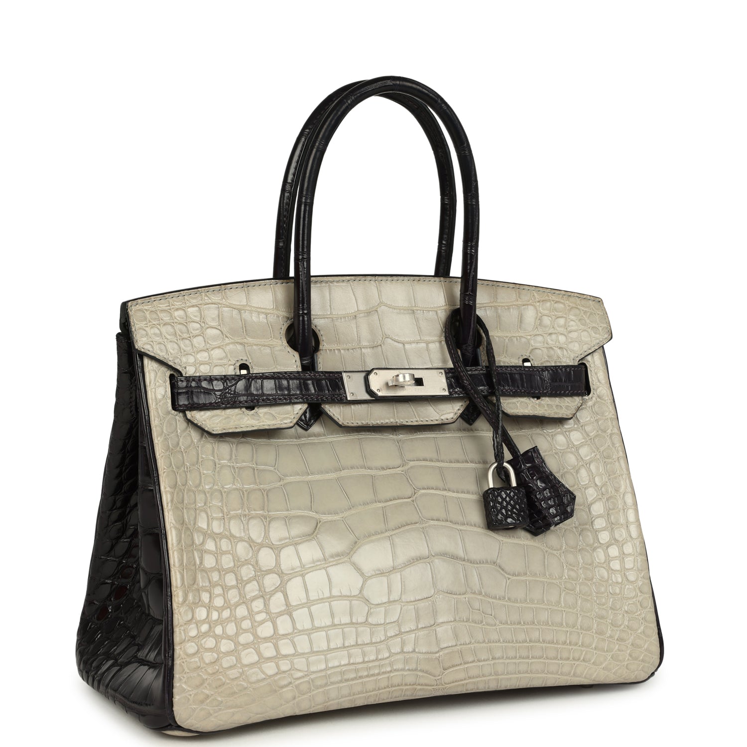 Birkin 30 Gris Perle and Prunoir Matte Alligator Brushed Palladium Hardware Bag
