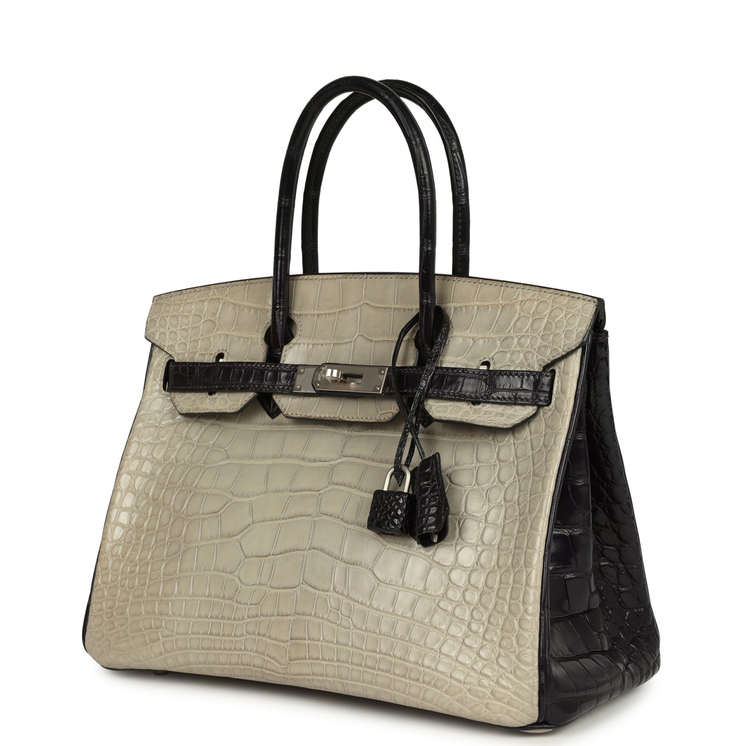 Birkin 30 Gris Perle and Prunoir Matte Alligator Brushed Palladium Hardware Bag