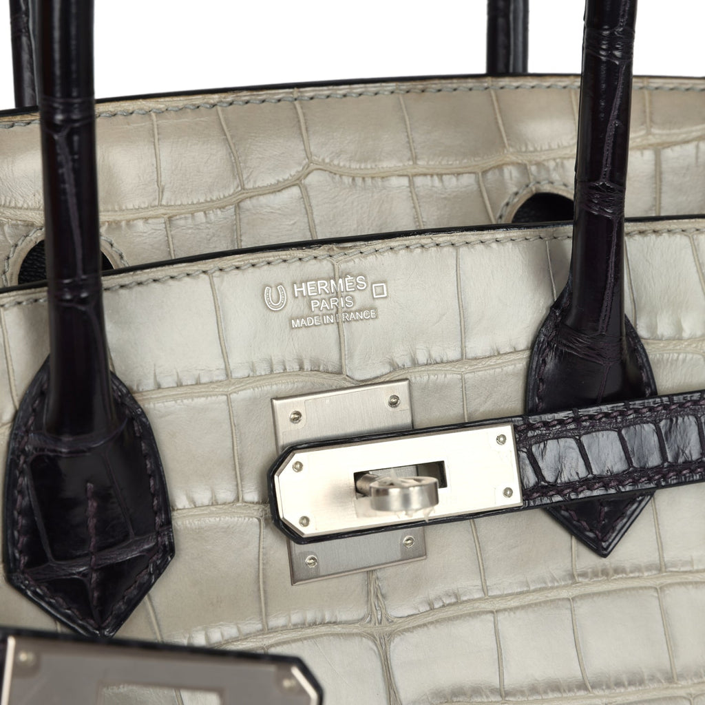 Birkin 30 Gris Perle and Prunoir Matte Alligator Brushed Palladium Hardware Bag