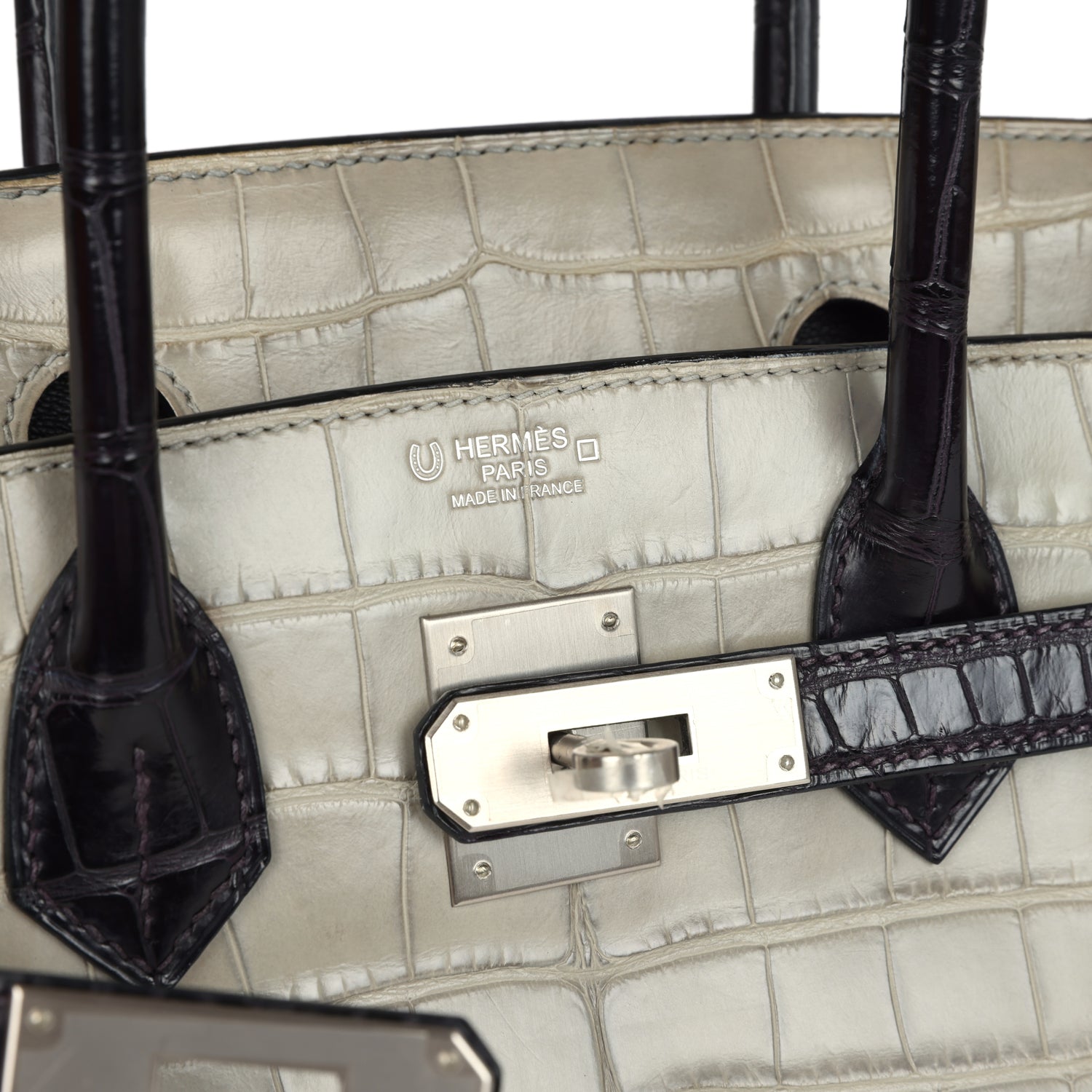 Birkin 30 Gris Perle and Prunoir Matte Alligator Brushed Palladium Hardware Bag
