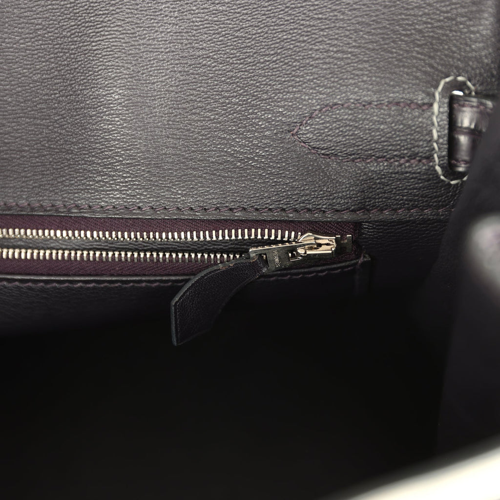 Birkin 30 Gris Perle and Prunoir Matte Alligator Brushed Palladium Hardware Bag