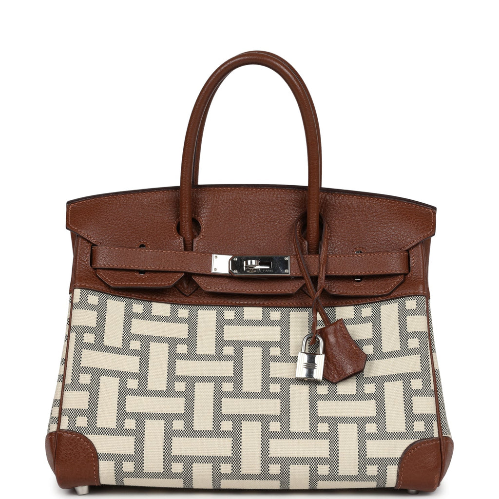Birkin 30 Marron D'Inde Buffalo and Mosaique Canvas Palladium Hardware Bag