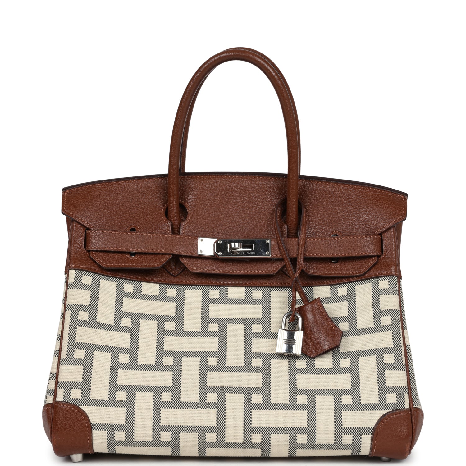 Birkin 30 Marron D'Inde Buffalo and Mosaique Canvas Palladium Hardware Bag