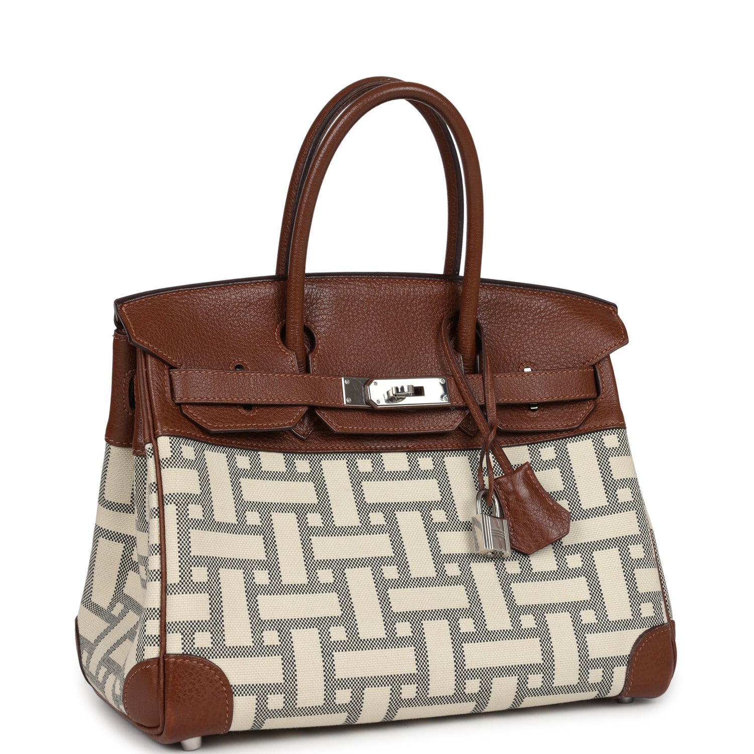 Birkin 30 Marron D'Inde Buffalo and Mosaique Canvas Palladium Hardware Bag