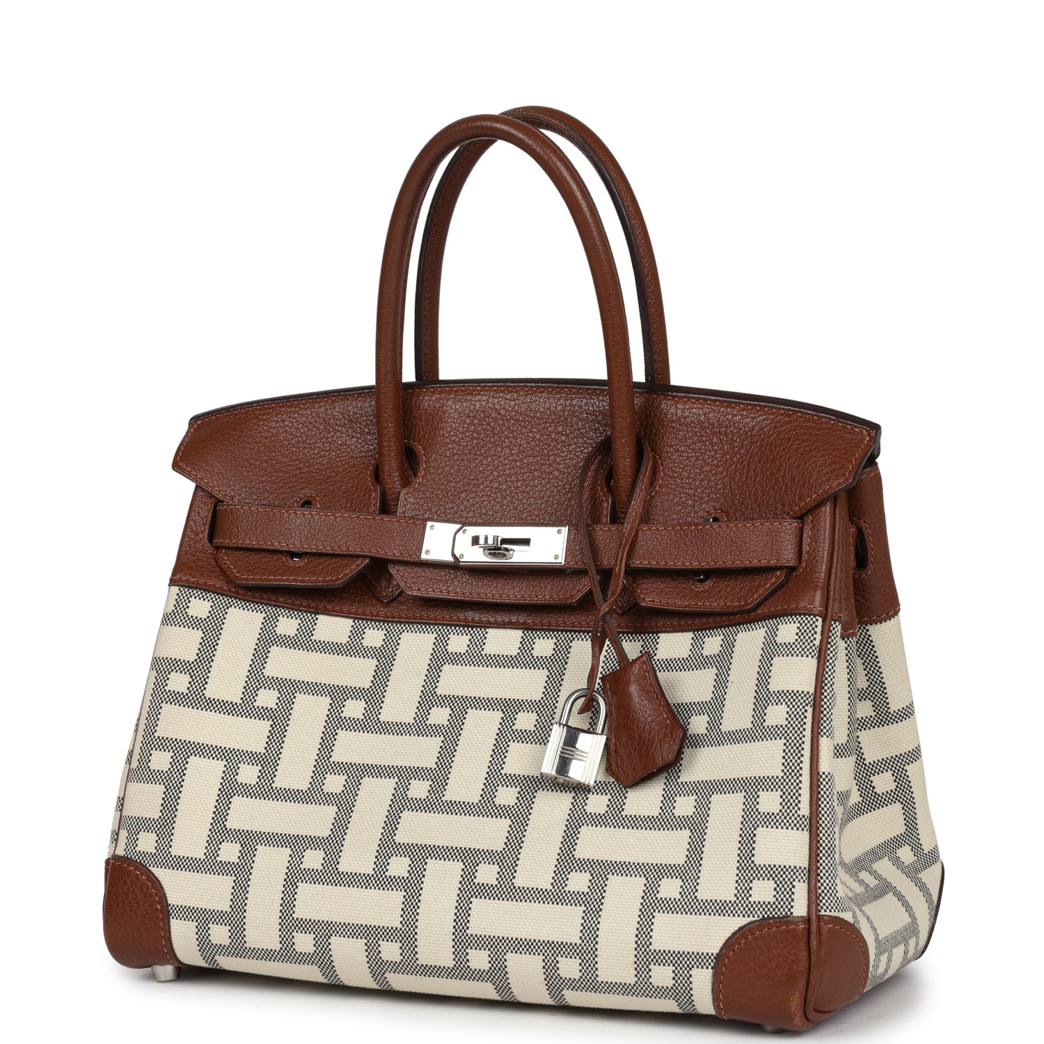 Birkin 30 Marron D'Inde Buffalo and Mosaique Canvas Palladium Hardware Bag