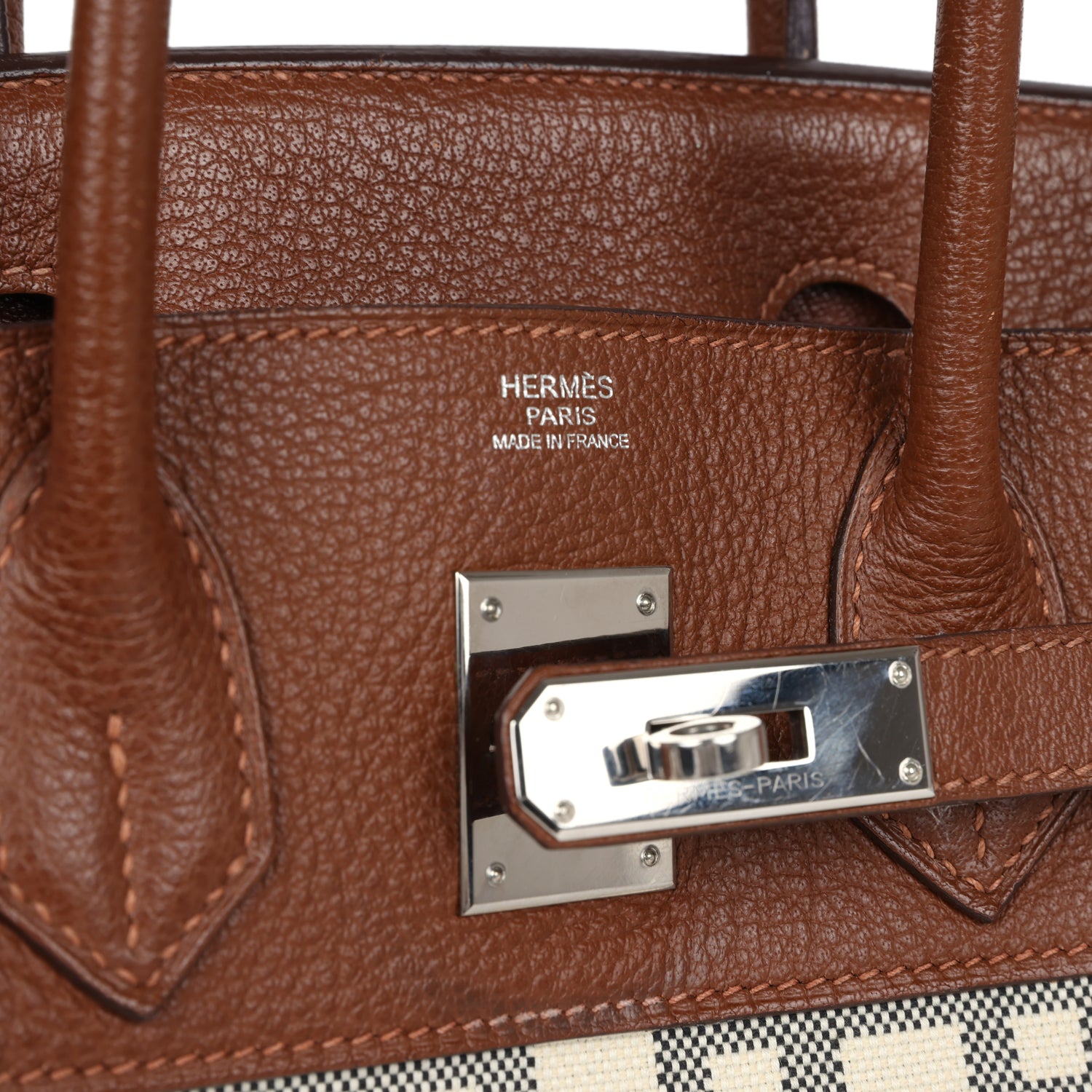Birkin 30 Marron D'Inde Buffalo and Mosaique Canvas Palladium Hardware Bag