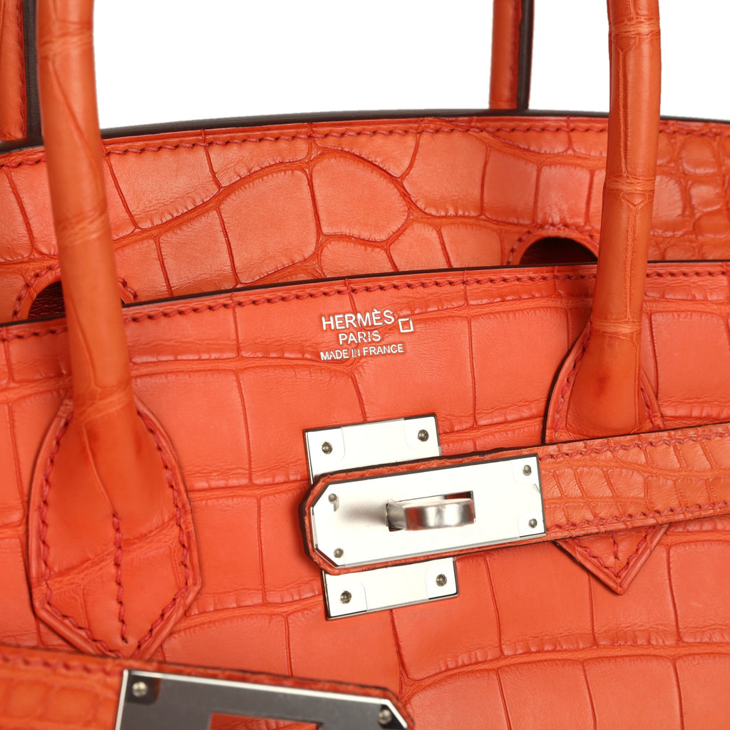 Birkin 30 Orange Poppy Matte Alligator Palladium Hardware Bag