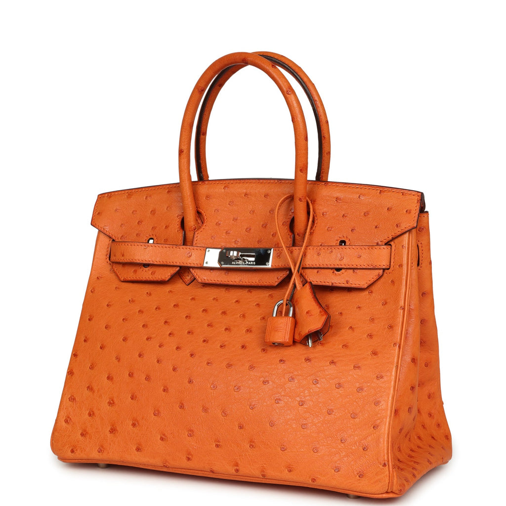 Birkin 30 Tangerine Ostrich Palladium Hardware Bag