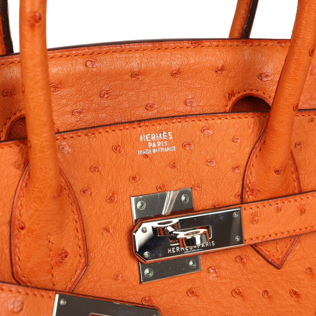 Birkin 30 Tangerine Ostrich Palladium Hardware Bag
