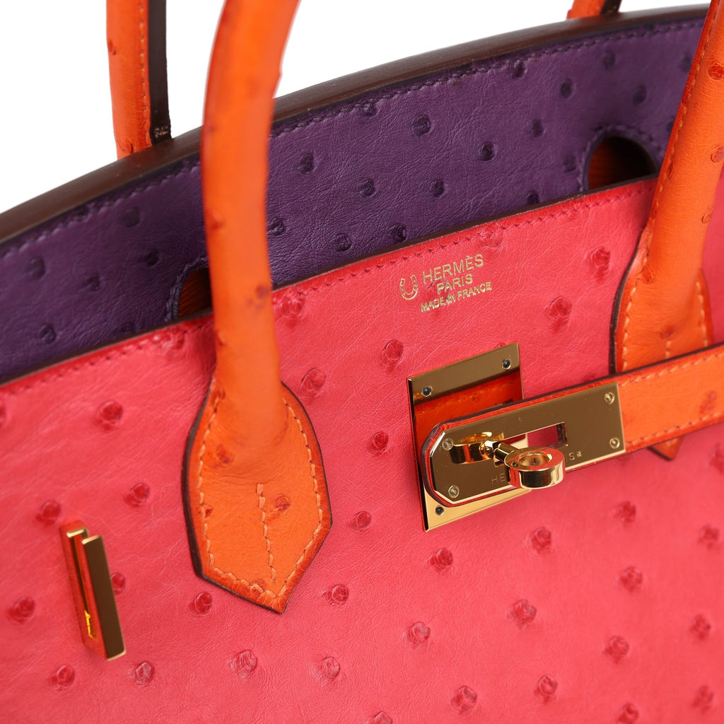 Birkin 30 Tangerine, Violet and Bougainvillea Ostrich Gold Hardware Bag