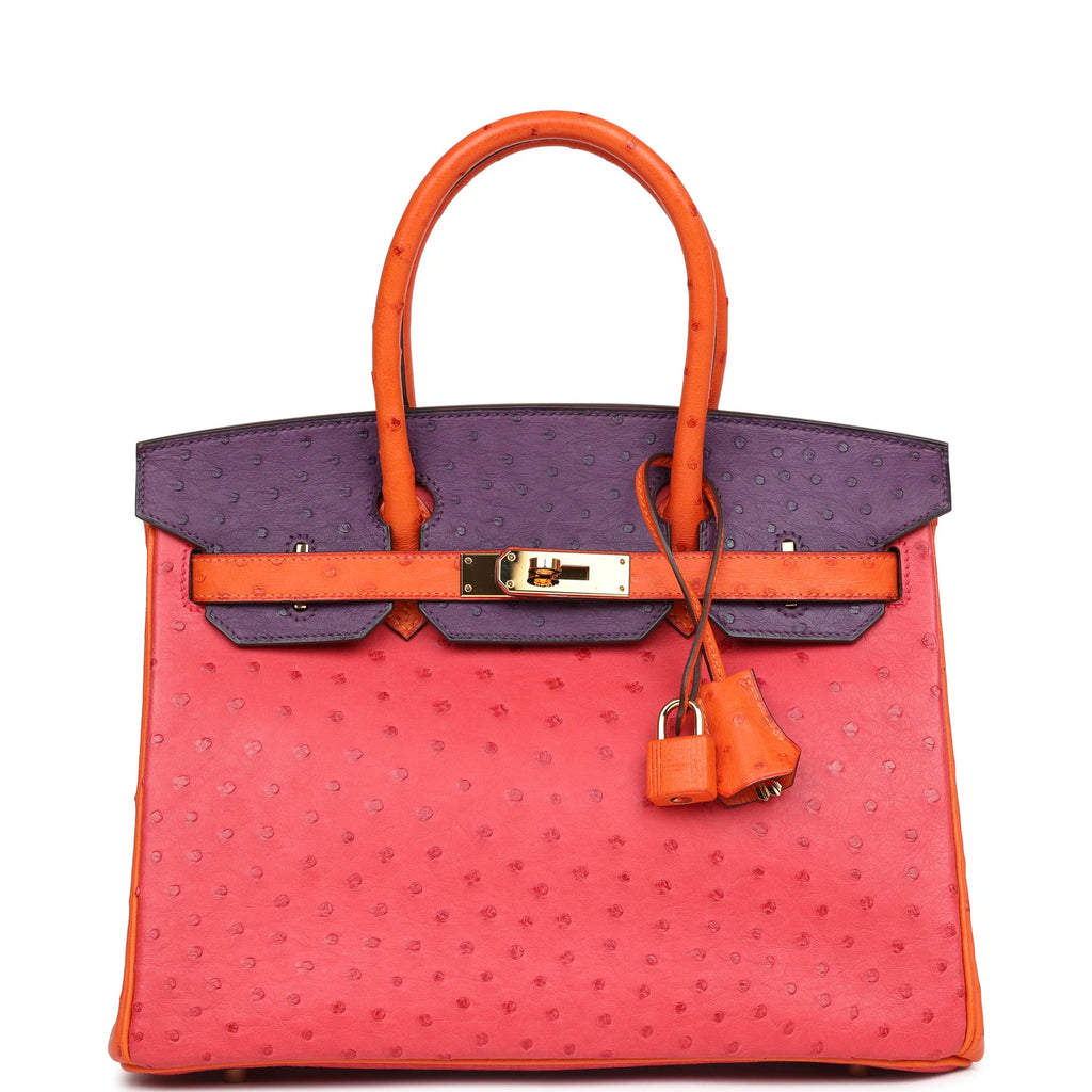 Birkin 30 Tangerine, Violet and Bougainvillea Ostrich Gold Hardware Bag