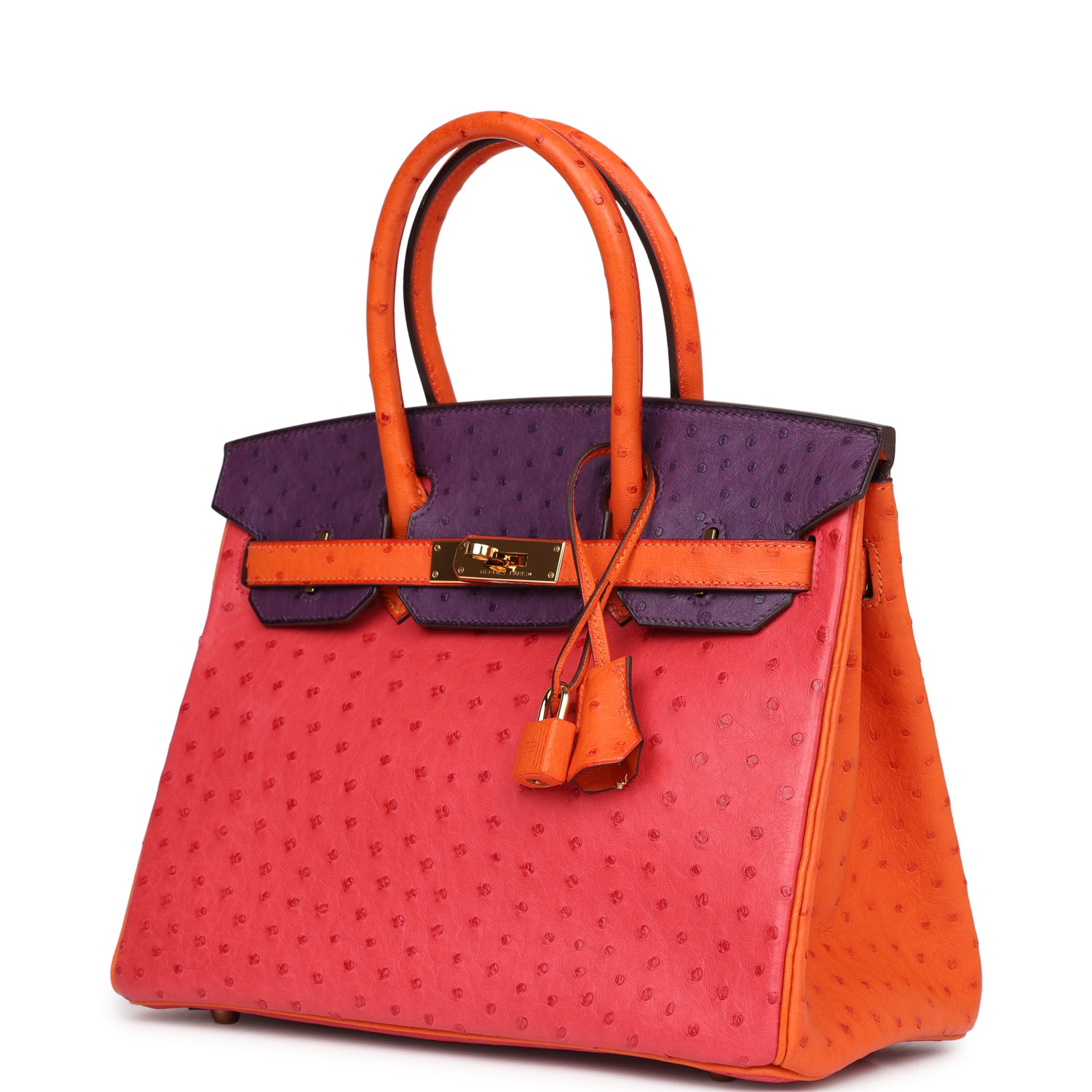 Birkin 30 Tangerine, Violet and Bougainvillea Ostrich Gold Hardware Bag
