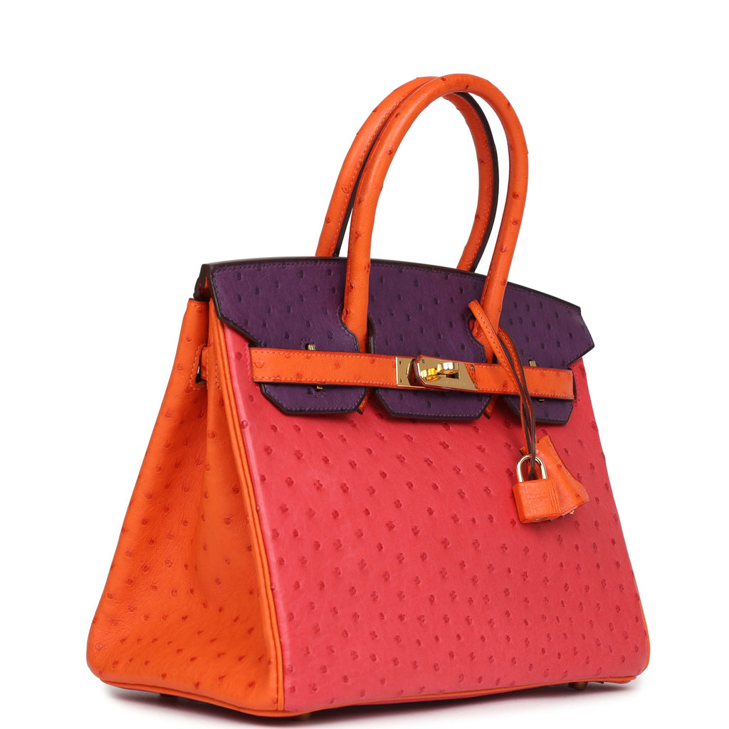 Birkin 30 Tangerine, Violet and Bougainvillea Ostrich Gold Hardware Bag
