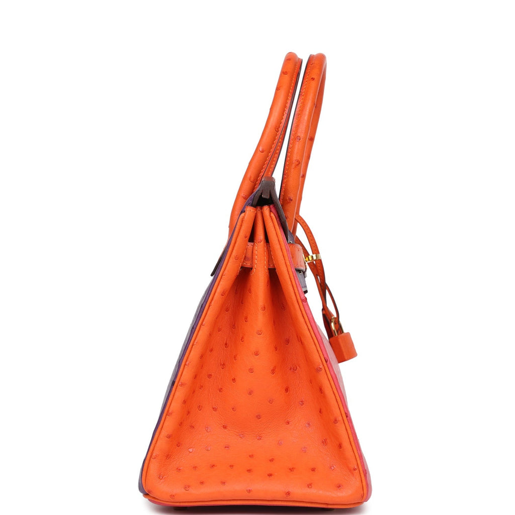 Birkin 30 Tangerine, Violet and Bougainvillea Ostrich Gold Hardware Bag
