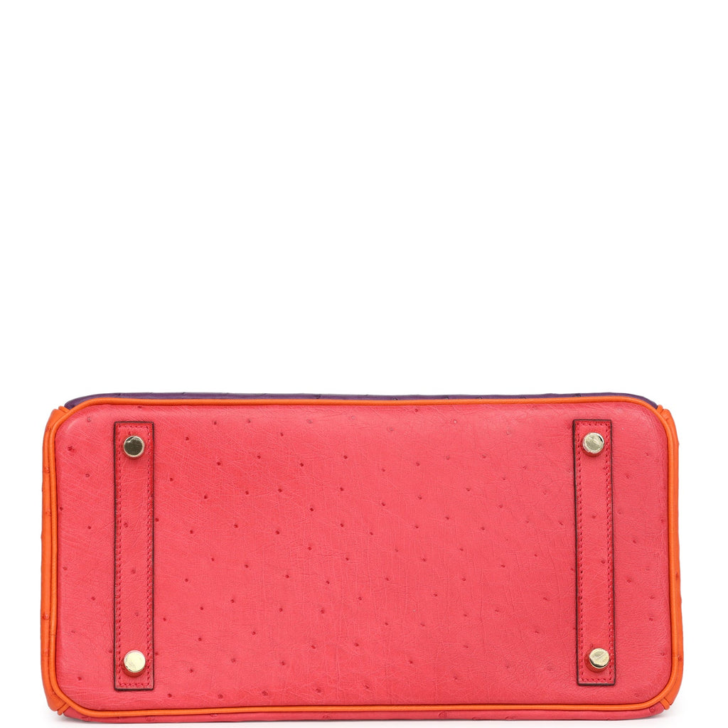 Birkin 30 Tangerine, Violet and Bougainvillea Ostrich Gold Hardware Bag