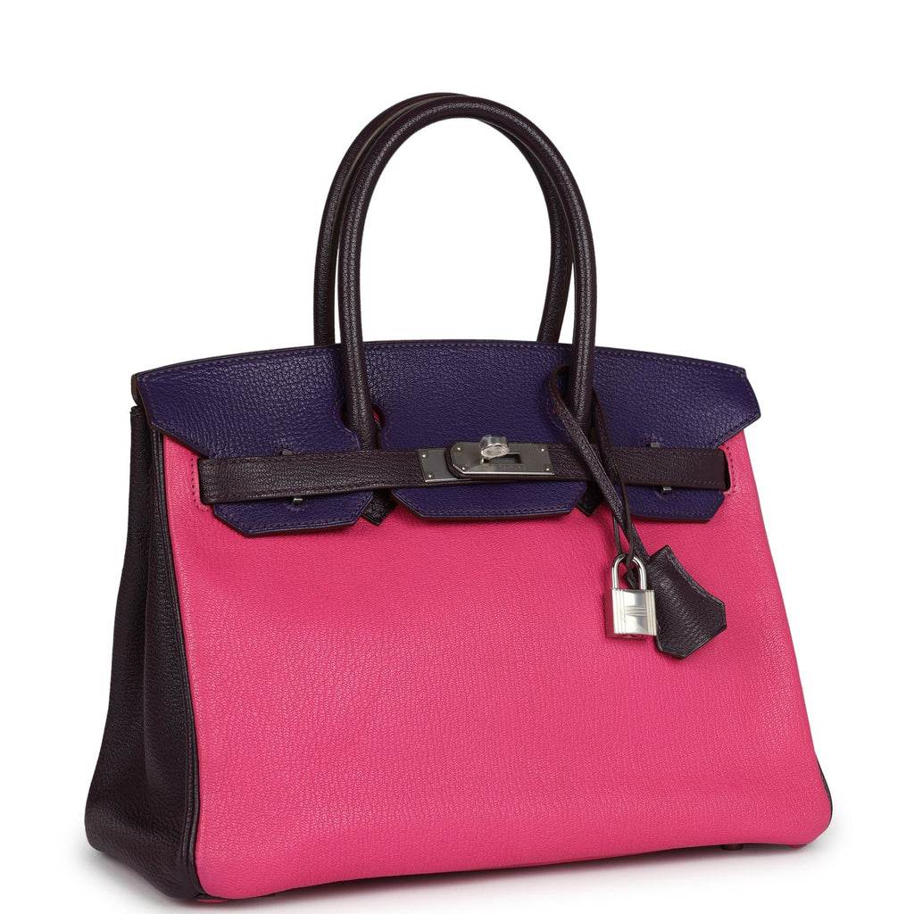 Birkin 30 Tri-color Raisin, Ultraviolet and Rose Shocking Chevre Palladium Hardware Bag