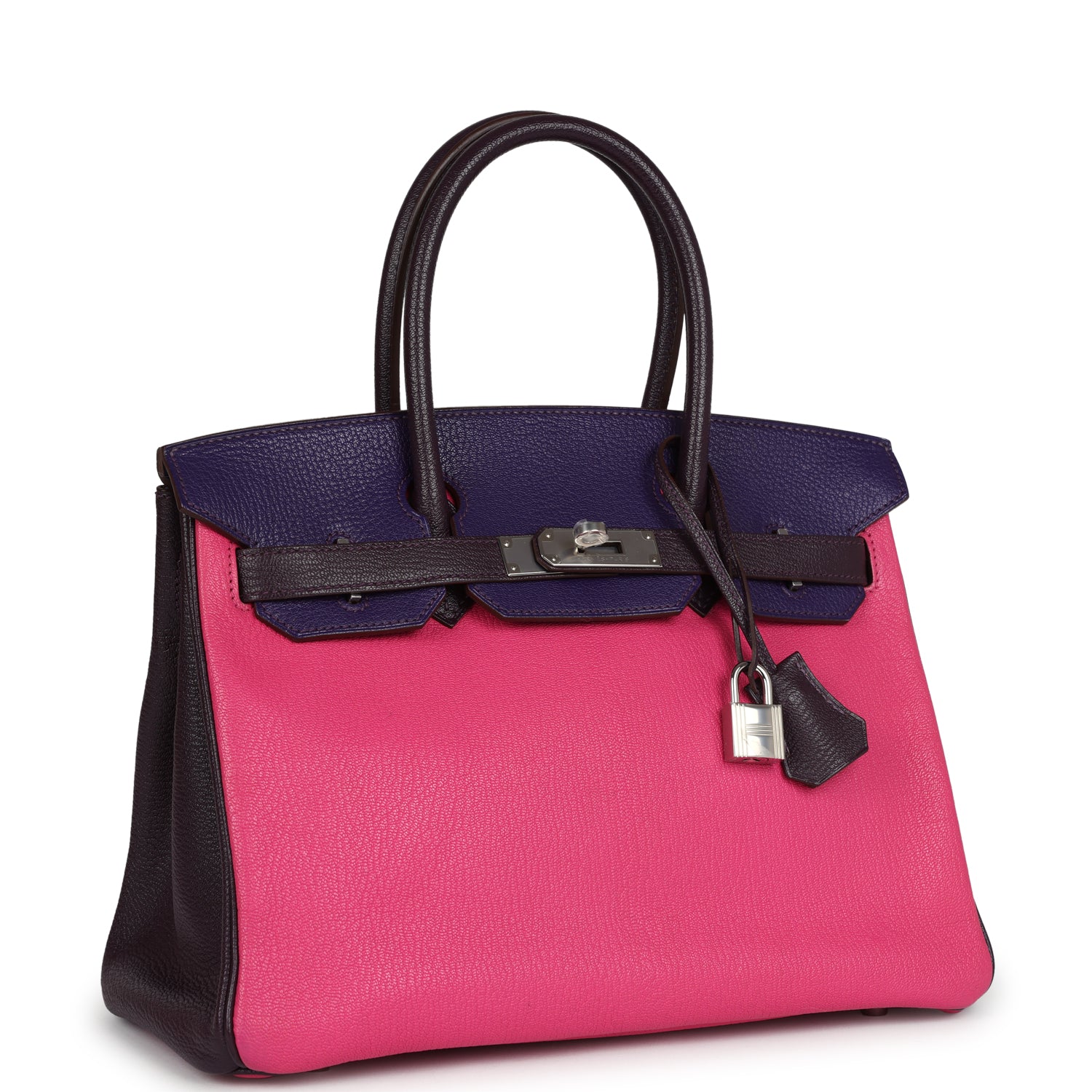 Birkin 30 Tri-color Raisin, Ultraviolet and Rose Shocking Chevre Palladium Hardware Bag
