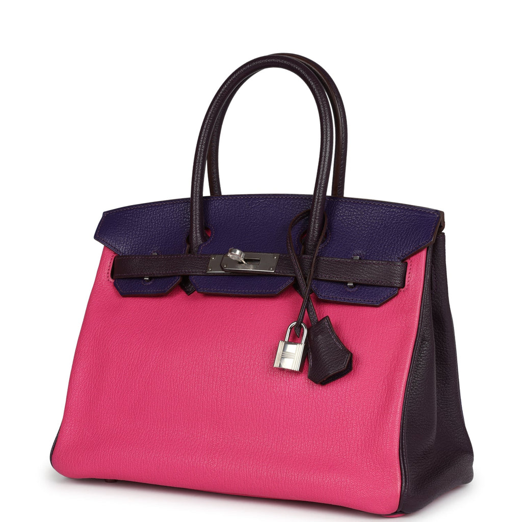 Birkin 30 Tri-color Raisin, Ultraviolet and Rose Shocking Chevre Palladium Hardware Bag