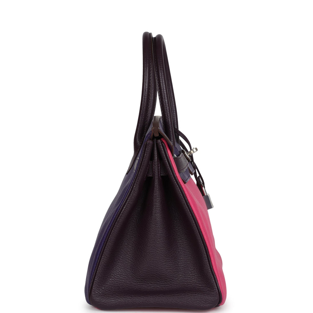 Birkin 30 Tri-color Raisin, Ultraviolet and Rose Shocking Chevre Palladium Hardware Bag