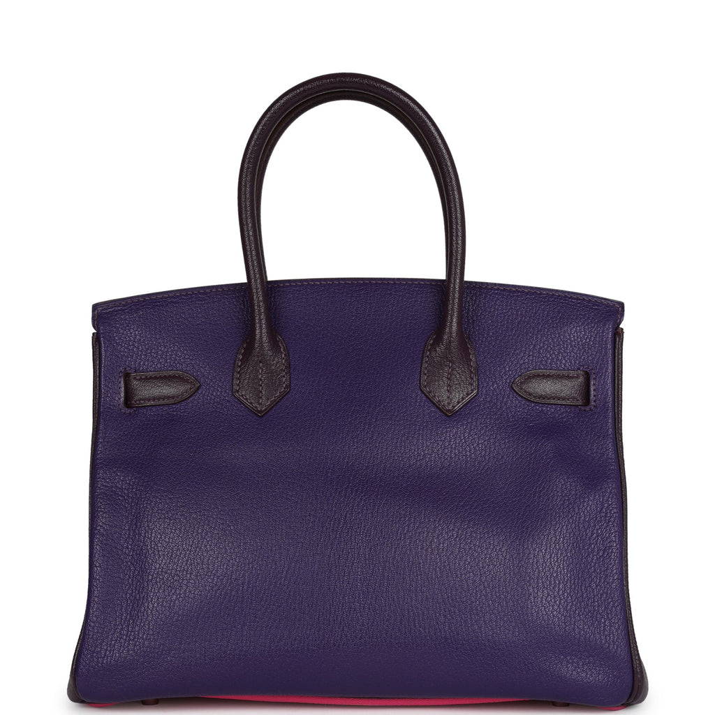 Birkin 30 Tri-color Raisin, Ultraviolet and Rose Shocking Chevre Palladium Hardware Bag