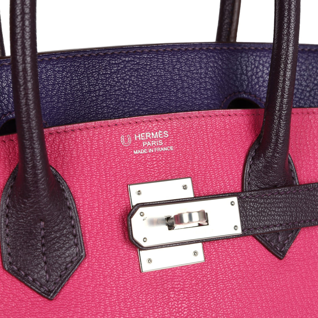 Birkin 30 Tri-color Raisin, Ultraviolet and Rose Shocking Chevre Palladium Hardware Bag