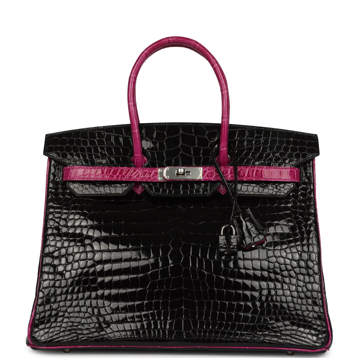 Birkin 35 Rose Pourpre and Black Shiny Porosus Crocodile Palladium Hardware