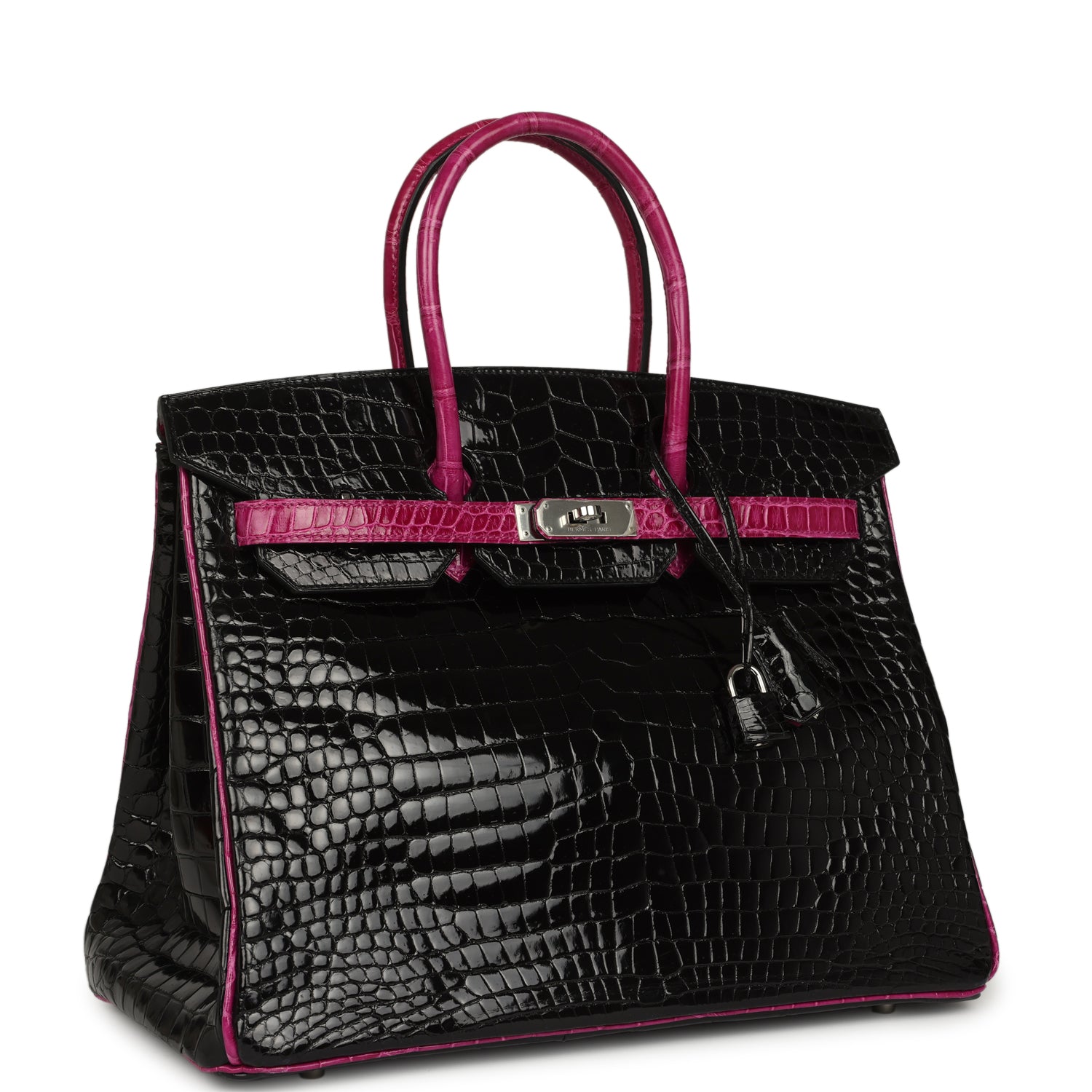 Birkin 35 Rose Pourpre and Black Shiny Porosus Crocodile Palladium Hardware