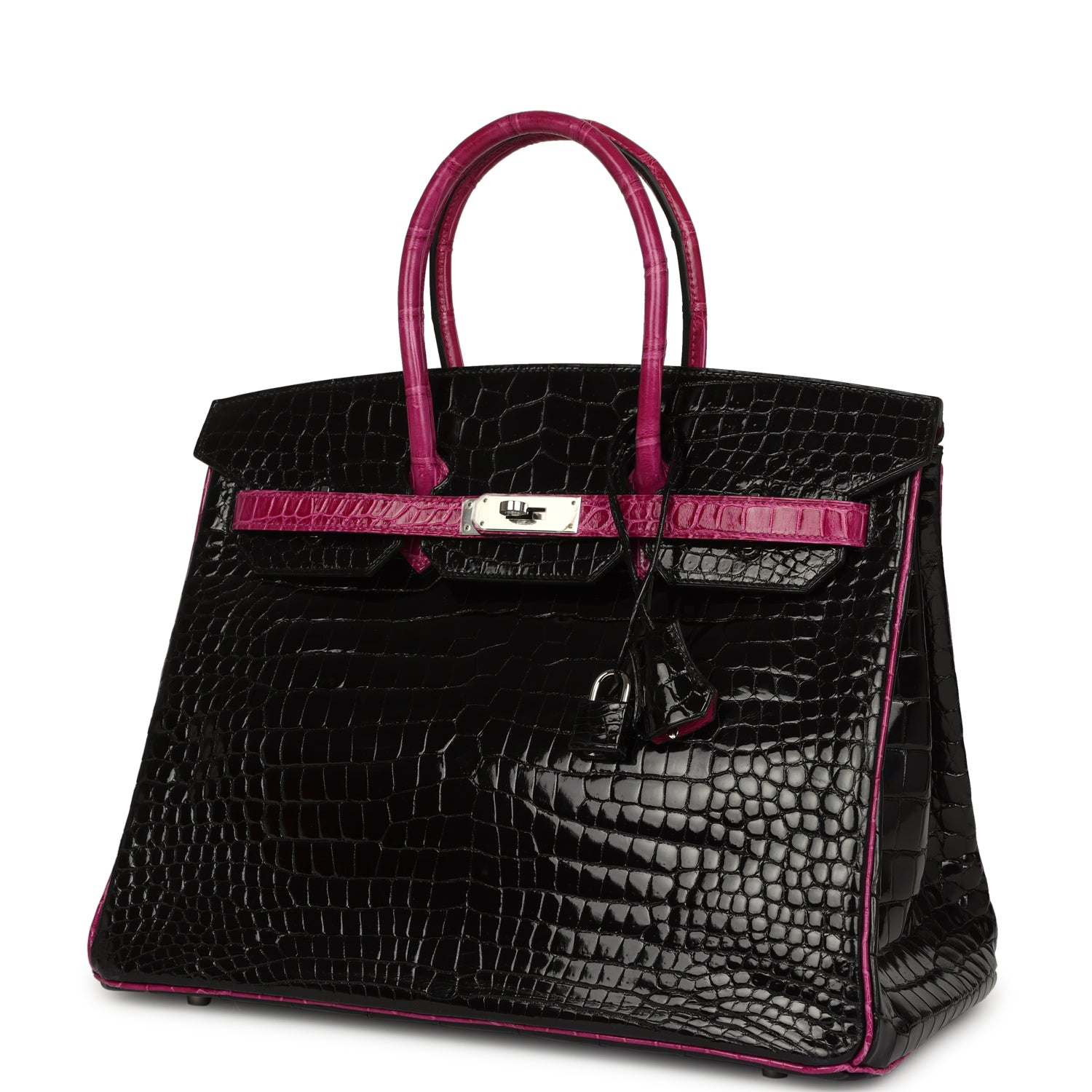 Birkin 35 Rose Pourpre and Black Shiny Porosus Crocodile Palladium Hardware