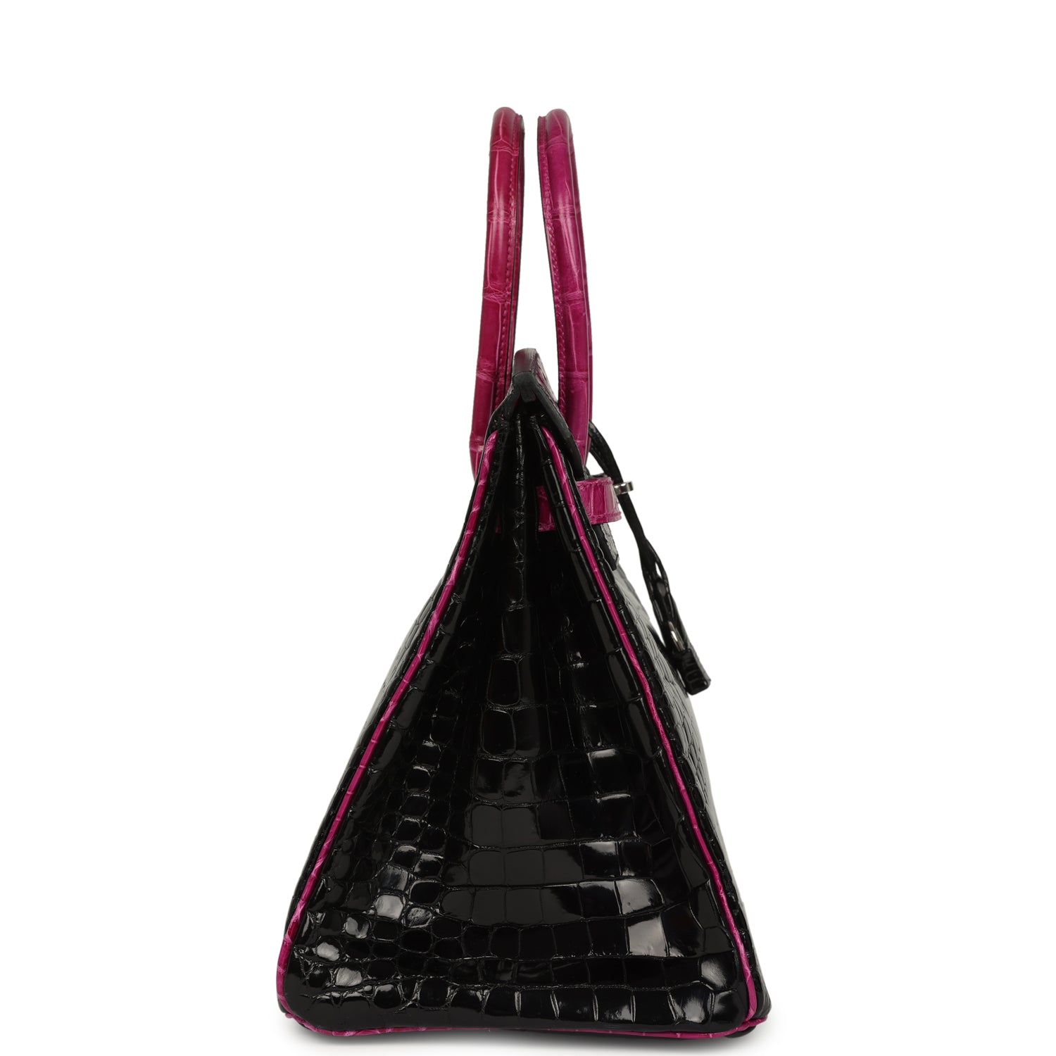 Birkin 35 Rose Pourpre and Black Shiny Porosus Crocodile Palladium Hardware