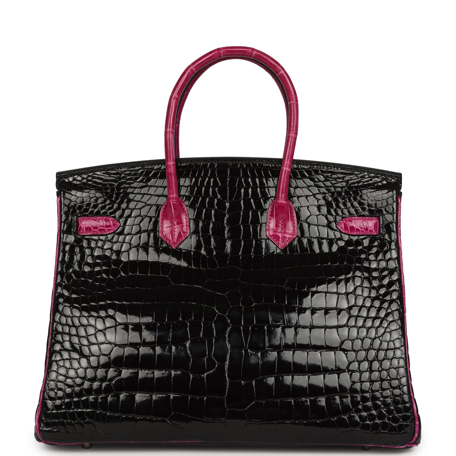Birkin 35 Rose Pourpre and Black Shiny Porosus Crocodile Palladium Hardware