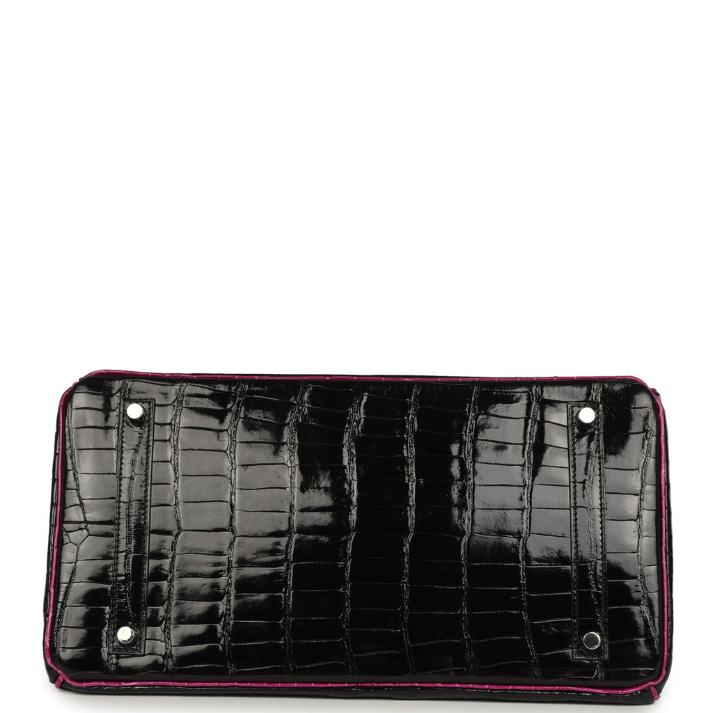 Birkin 35 Rose Pourpre and Black Shiny Porosus Crocodile Palladium Hardware