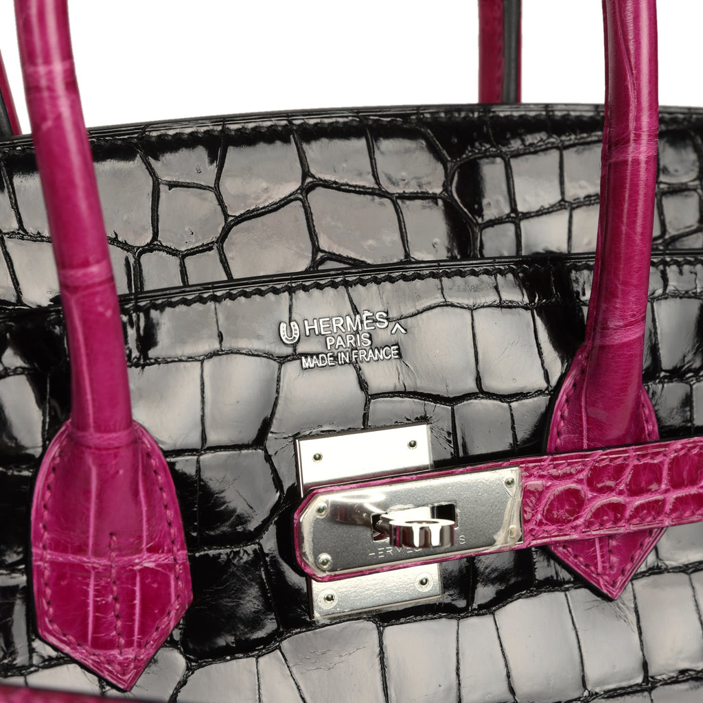 Birkin 35 Rose Pourpre and Black Shiny Porosus Crocodile Palladium Hardware