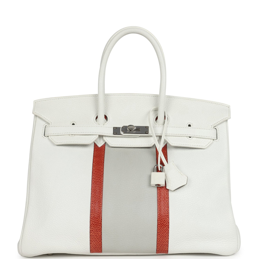 Birkin Club 35 White and Gris Perle Clemence and Sanguine Lizard Palladium Hardware
