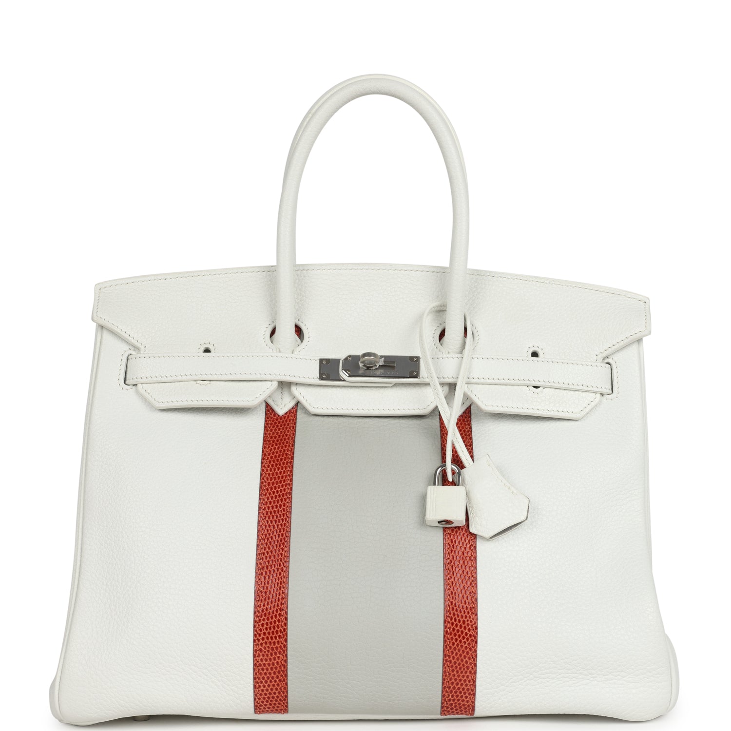 Birkin Club 35 White and Gris Perle Clemence and Sanguine Lizard Palladium Hardware