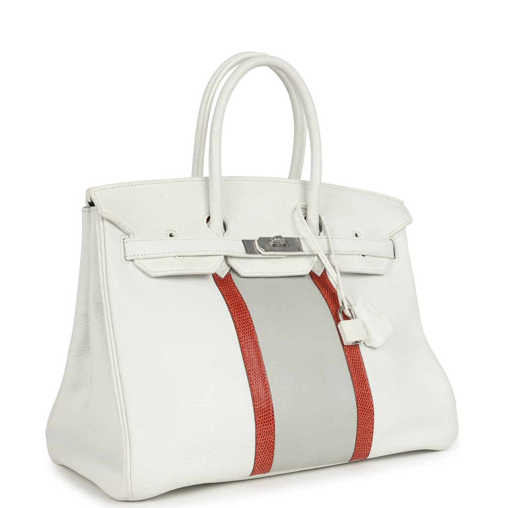 Birkin Club 35 White and Gris Perle Clemence and Sanguine Lizard Palladium Hardware