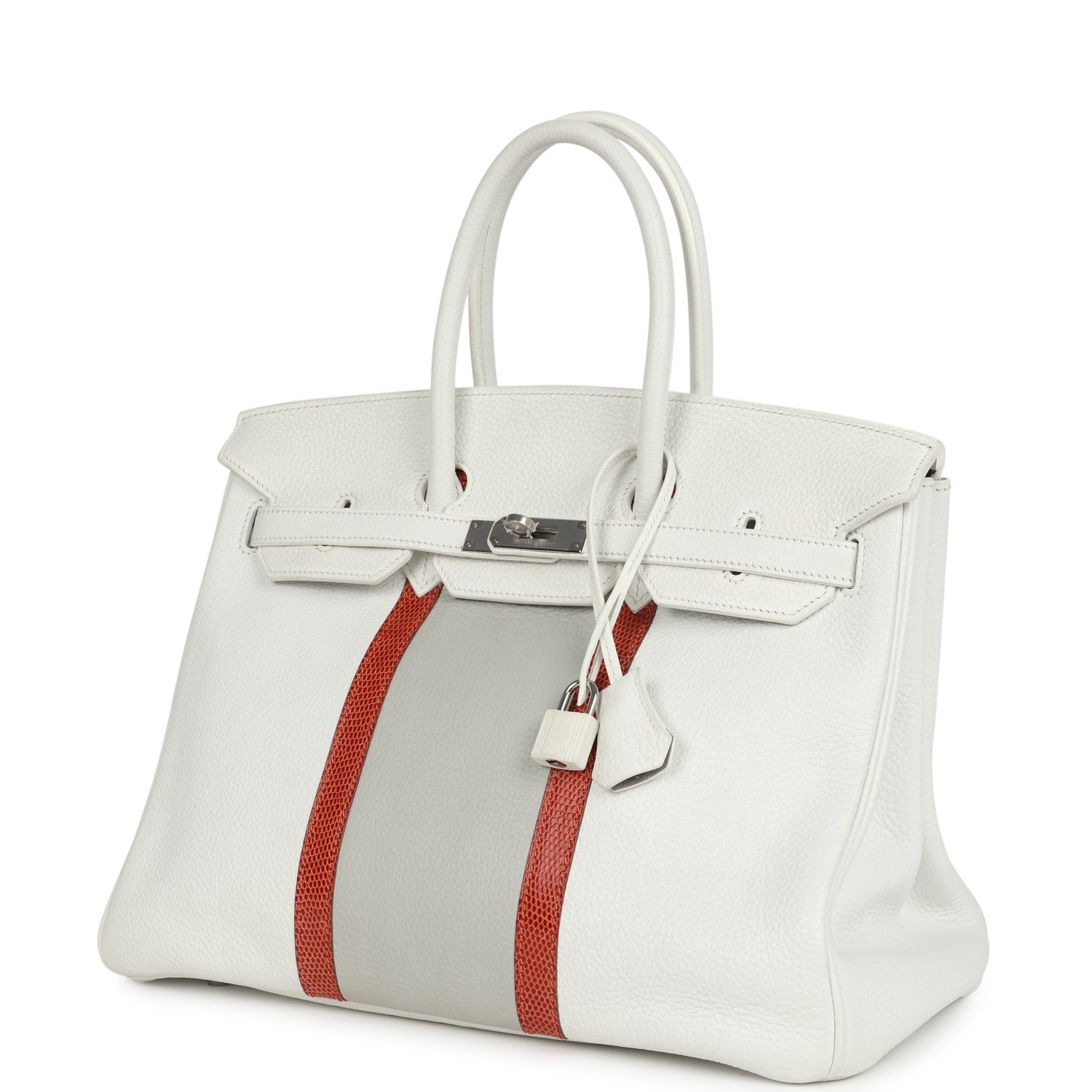 Birkin Club 35 White and Gris Perle Clemence and Sanguine Lizard Palladium Hardware