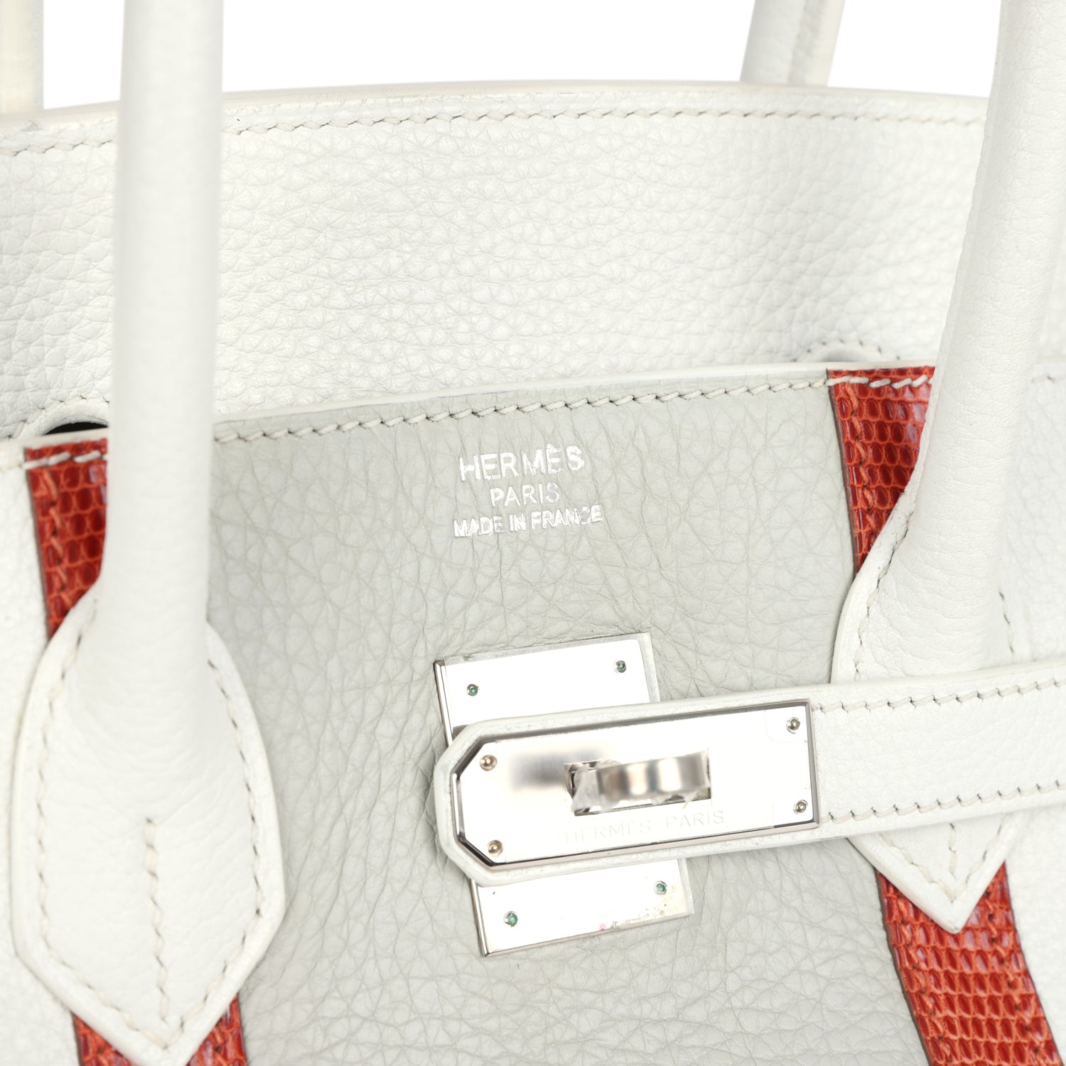 Birkin Club 35 White and Gris Perle Clemence and Sanguine Lizard Palladium Hardware