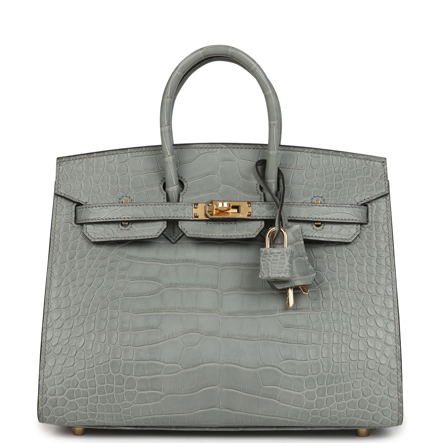 Birkin Sellier 25 Gris Ciment Matte Alligator Gold Hardware Bag