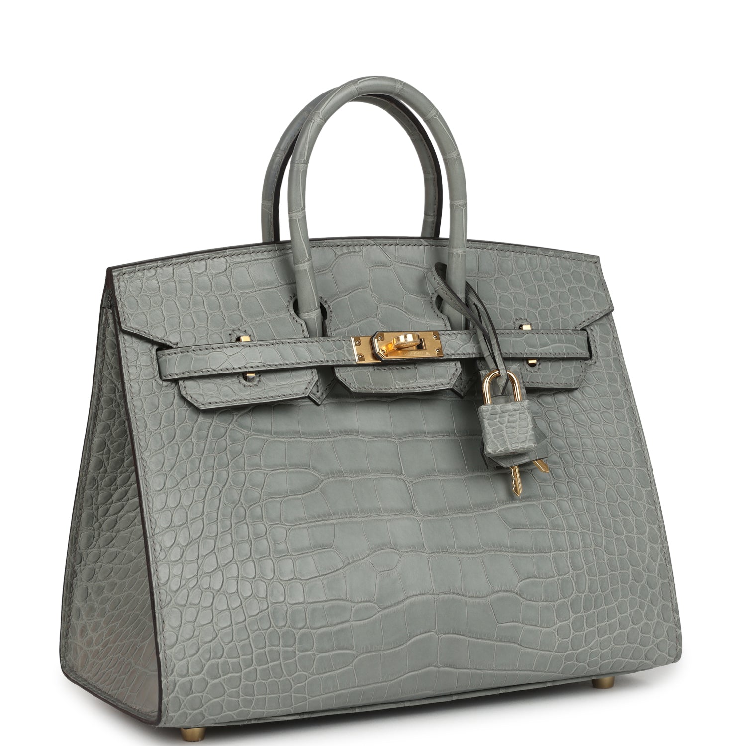 Birkin Sellier 25 Gris Ciment Matte Alligator Gold Hardware Bag